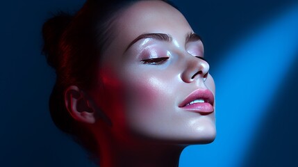 woman with a blue background and a studio light shining on her face