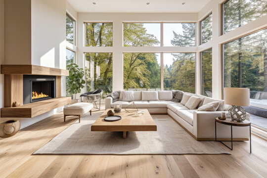 Luxury living room with fireplace, sofa and armchair.