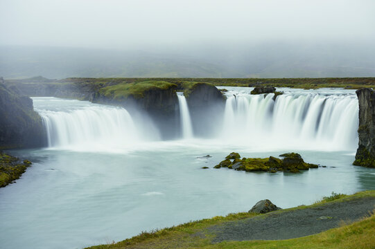 Godafoss Waterfall In The Rain, Waterfalls Of The Gods; Fossholl, Myvatn, Iceland