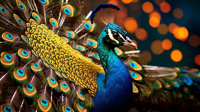 an image of a songbird with feathers that mimic the colors of a peacock