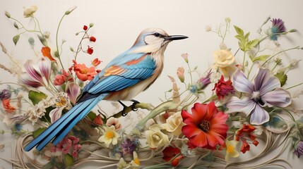 an image of a songbird with feathers that mimic a field of wildflowers