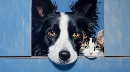 In front of a blue background, a border collie dog portrait features a cat hiding in the background.