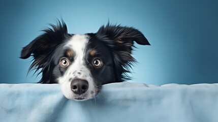 Fototapeta premium In front of a blue background, a border collie dog portrait features a cat hiding in the background.