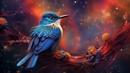 an image of a songbird with feathers that resemble a celestial nebula