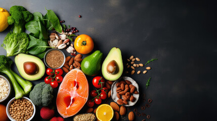 Healthy eating concept. Clean food selection, fruits, vegetables, seeds, superfoods, nuts, lettuce, cereals on a gray background.