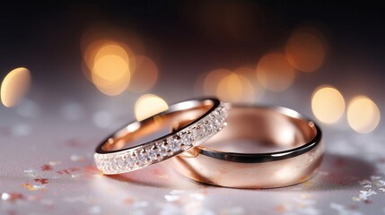 Obraz na płótnie Canvas Designer wedding rings in the corner of a panoramic banner with copy space and selective focus on a glittering background.