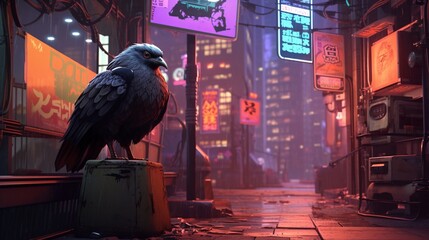 an image of a songbird in a cyberpunk alleyway with neon signs - obrazy, fototapety, plakaty