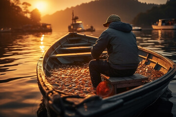 Back view of a fisherman returning home from a successful fishing