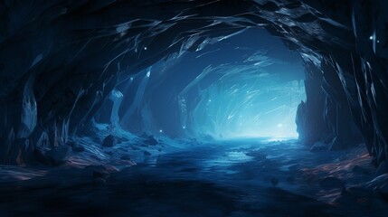 an image of a surreal, ice cave with shimmering blue ice formations