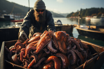 An experienced fisherman sorts octopus