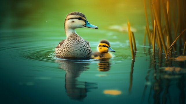 an image of a teal duckling swimming beside its mother