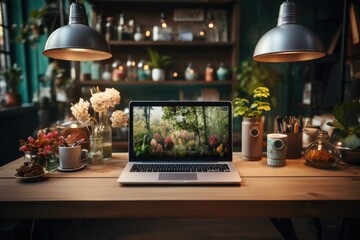 Fototapeta na wymiar A horizontal photograph of a modern workspace with a laptop and creative design