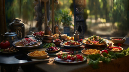 Obraz na płótnie Canvas oriental Arabic food on a table outdoor, generative ai