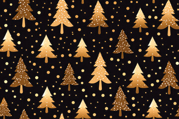 Seamless pattern with gold Christmas trees on a black background.