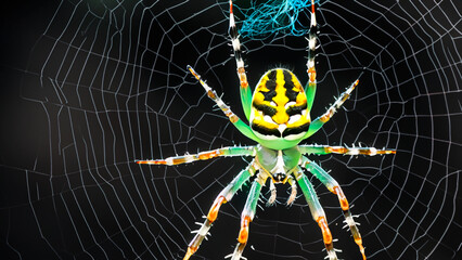 green and yellow spider in web with black background