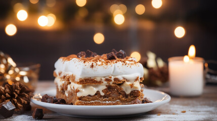 smores brownies .Blurred view of christmas tree in brig, generative ai