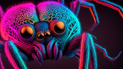 closeup of colorful spiders face with neon colors and black background
