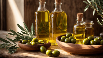 Beautiful glass bottles with oil, fresh olives, against the background of the kitchen