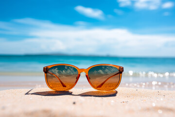 Fototapeta na wymiar Sunglasses on the beach. Summer vacation and travel concept.