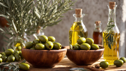 Beautiful glass bottles with oil, fresh olives, against the background of the kitchen