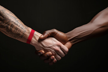 Two multiracial muscular men with different skin tones shaking hands on black background