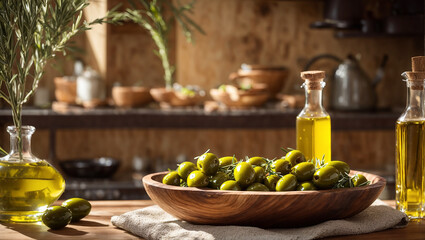 Beautiful glass bottles with oil, fresh olives, against the background of the kitchen