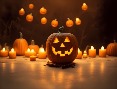 Creepy Halloween night scene with a group of spooky carved Jack o Lantern or scary pumpkins