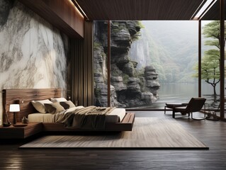 modern Bedroom at morning with bed and couches , with cave, wood paneled walls, Generative AI