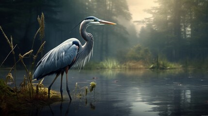 Create a serene scene of a heron wading in the water, with its long, elegant feathers trailing behind.