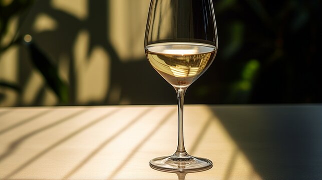 an original image of a wine glass filled with white wine as it refracts the ambient light