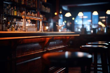 Zelfklevend Fotobehang blur alcohol drink bottle at club pub or bar in dark party night background © Evgeniia