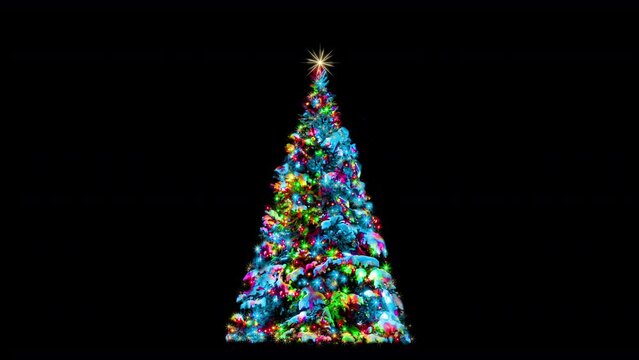 Snow-covered Christmas tree with colorful lights and shining star on black background. Loop