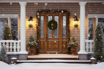 Entrance to a house decorated for Christmas. Beautiful wooden entrance door to a wooden house with a veranda, Christmas wreath, trees and holiday decorations.