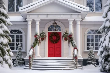 Foto op Aluminium Entrance to a house decorated for Christmas. Beautiful red entrance door to a white house with columns, Christmas wreath, fir trees and holiday decorations. © Evgeniia