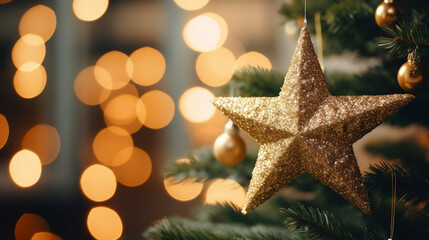 close-up of gold sparkling star ornament hanging on a christmas tree