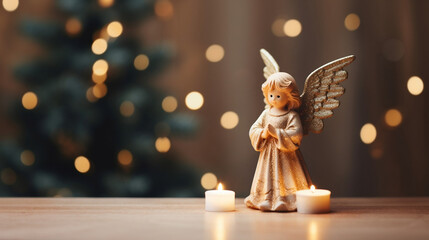 wood figurine of an christmas angel in front of an bokeh background with a christmas tree
