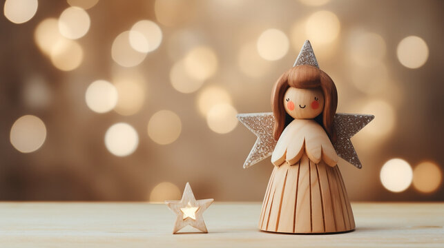 wood figurine of an christmas angel in front of an bokeh background