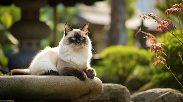 an original image of a Balinese cat in a tranquil Zen garden