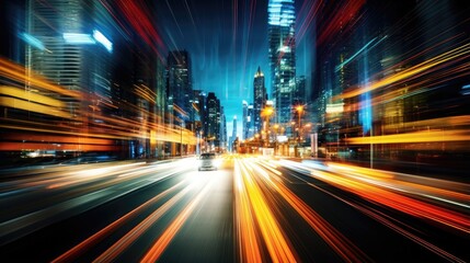 image that captures the dynamic energy of a bustling city. abstract motion blur cityscape featuring vibrant lights, streaks, and blurred architectural elements.