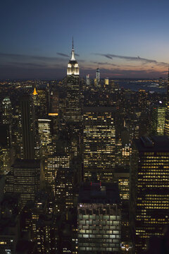 New York City Buildings Illuminated At Nighttime; New York City, New York, United States Of America