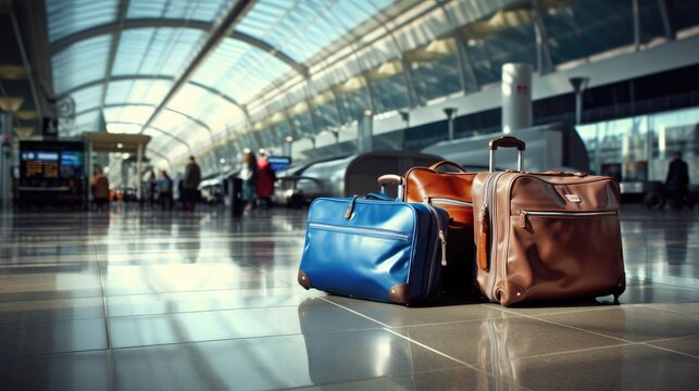 stylish luggage bags in a well-lit airport terminal hall, quality and fashion-forward design.