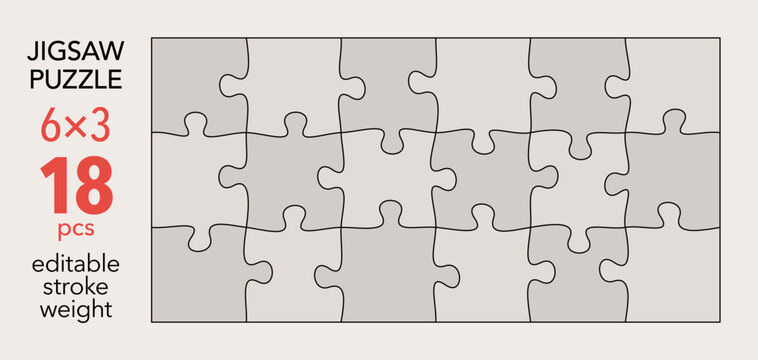 Empty jigsaw puzzle grid template, 6x3 shapes, 18 pieces. Separate matching irregularly elements. Flat vector illustration layout, every piece is a single shape.