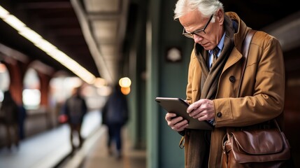 senior passenger standing on a subway platform, holding a tablet. Convey the message that age is no barrier to embracing modern conveniences and staying connected on the go. - Powered by Adobe