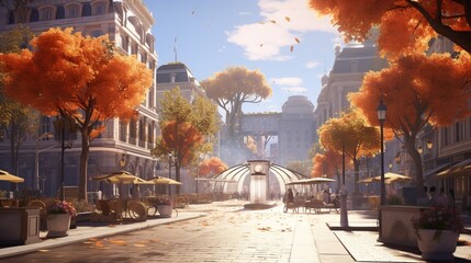 a captivating AI image of a city square adorned with artful natural elements