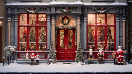 a very realistic toy shop at Christmas with red door, generative ai.