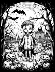 kids illustration spooky halloween scene bats , cartoon style, thick lines, black and white, generative ai.