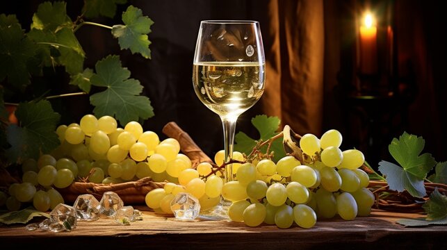 a captivating image of a wine glass brimming with white wine, with dew-kissed grapes nearby