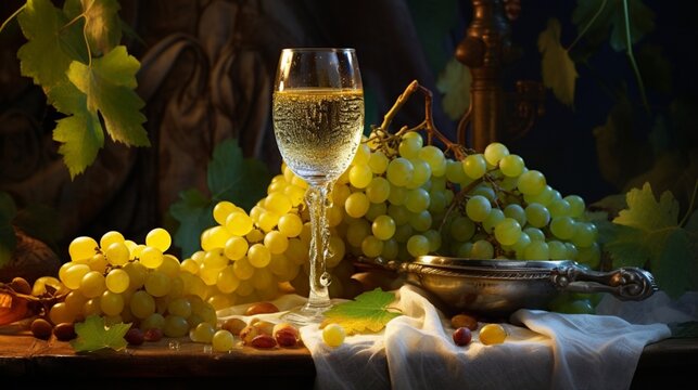 a captivating image of a wine glass brimming with white wine, with dew-kissed grapes nearby