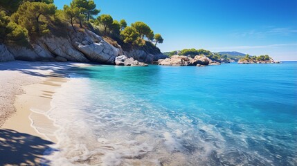 a captivating scene of a secluded beach with crystal-clear waters and golden sands