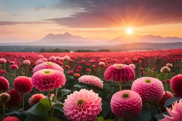 Tuinposter sunset in the dahlia field AI Generated © Umail